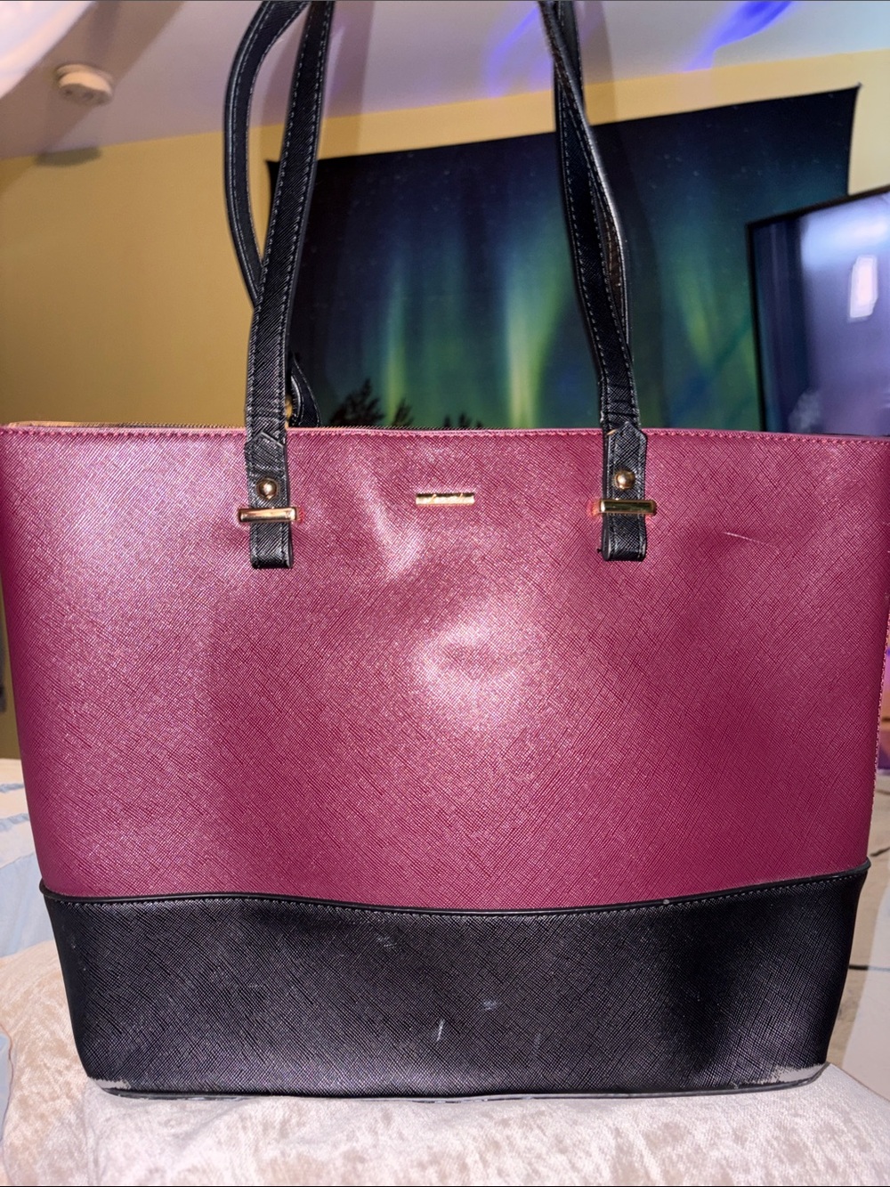 Women's Two-Tone Tote Bag - Plum and Black